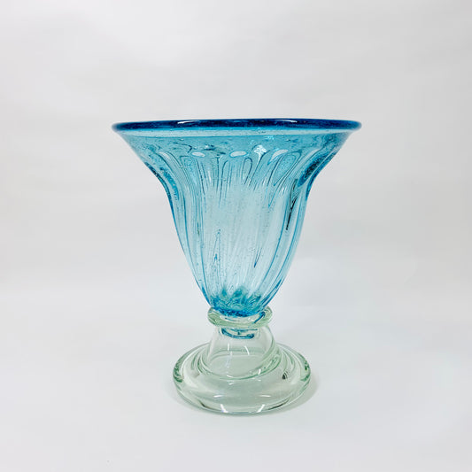 Midcentury mouth blown blue footed glass vase with controlled bubbles