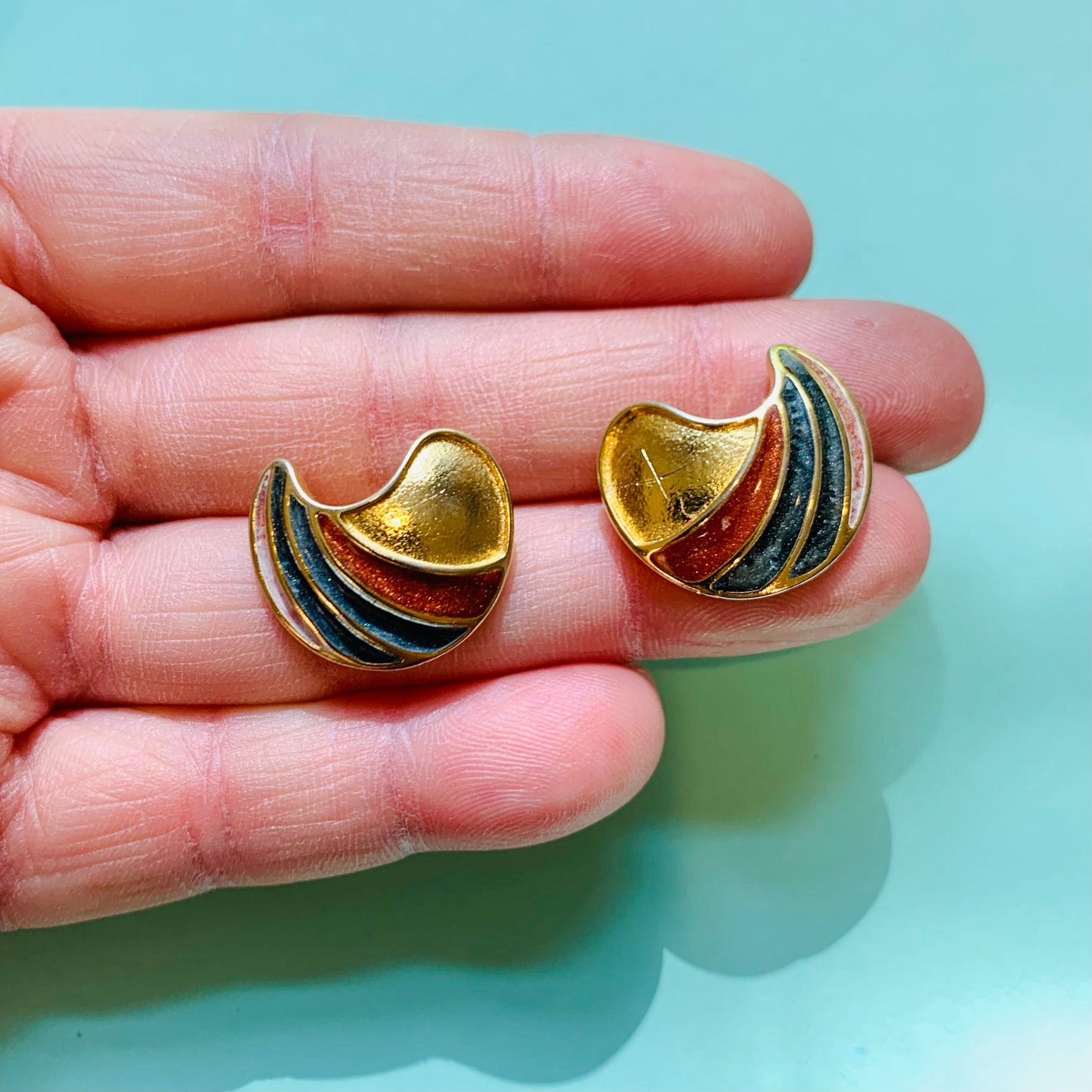 1970s Trifari gold plated crescent moon enamel shell stud earrings