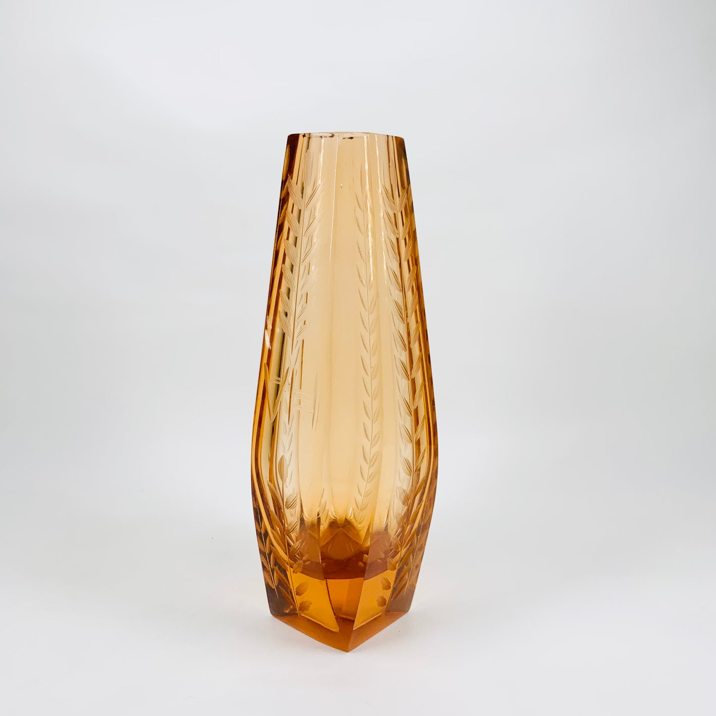 Antique hand cut and hand etched Bohemian amber crystal vase