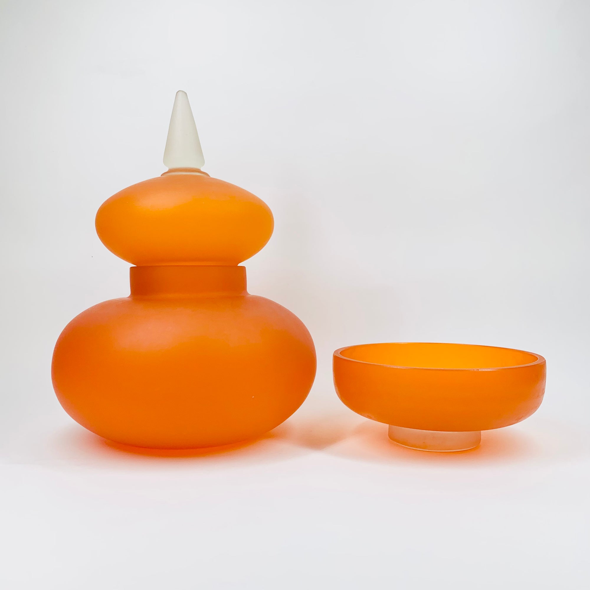 Extremely rare Midcentury Italian orange satin glass canister with minaret lid