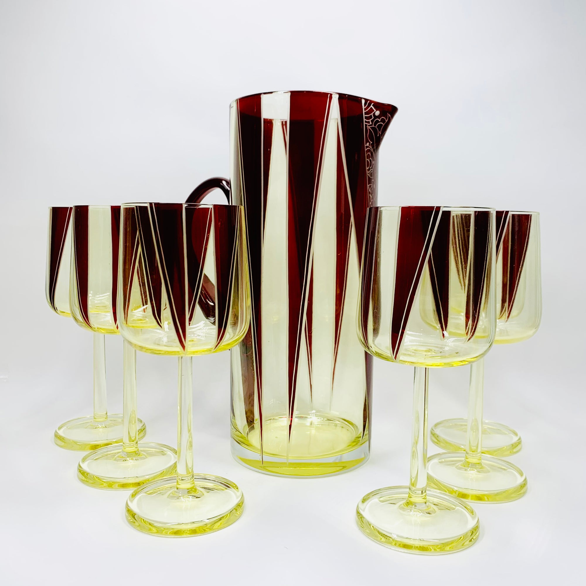 Extremely extremely rare antique Art Deco ruby enamel and citrine glass jug and matching wine glasses set by Karl Palda