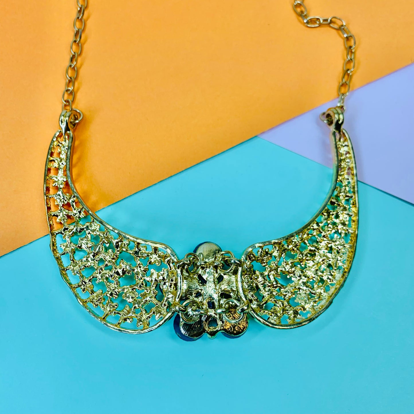 1980s Coro triple plated gold statement necklace with daisy crystals pendant and rhinestones