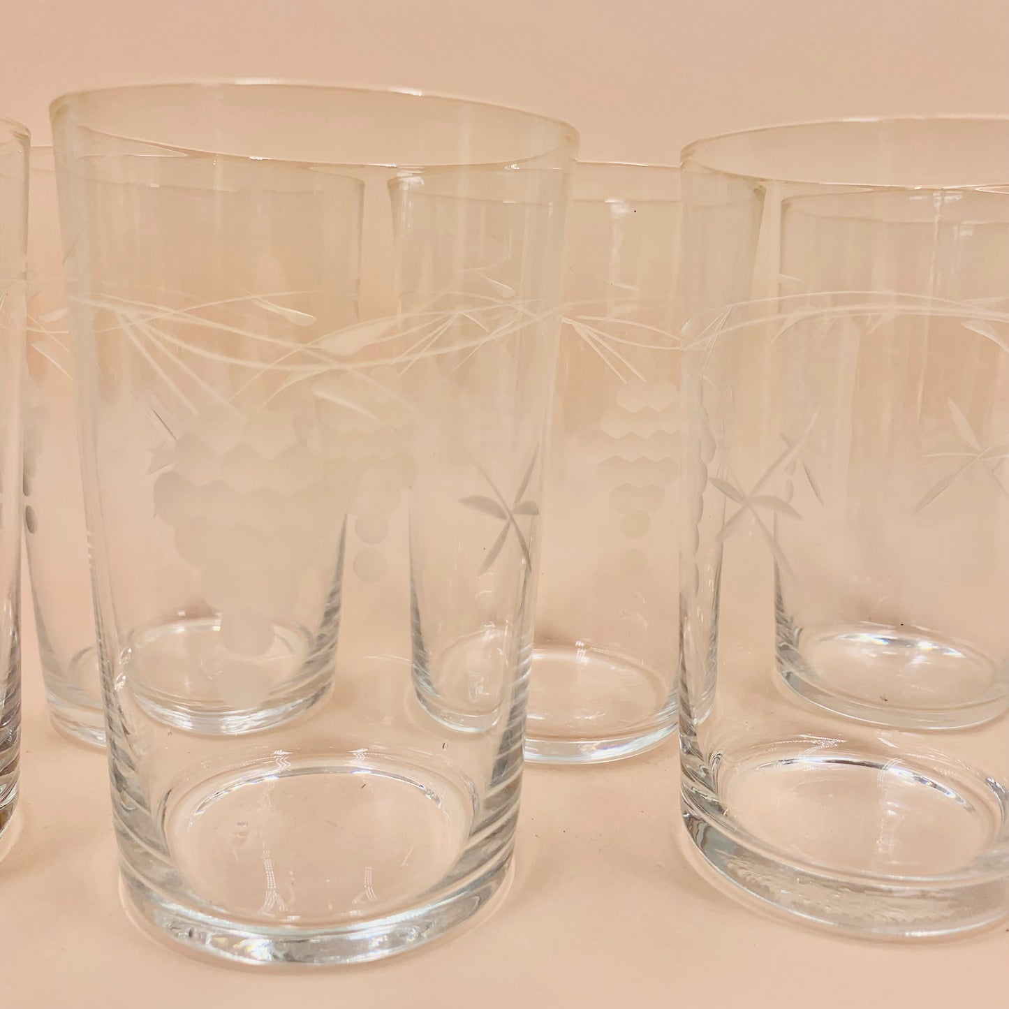 1940s hand etched vine pattern glass water tumblers