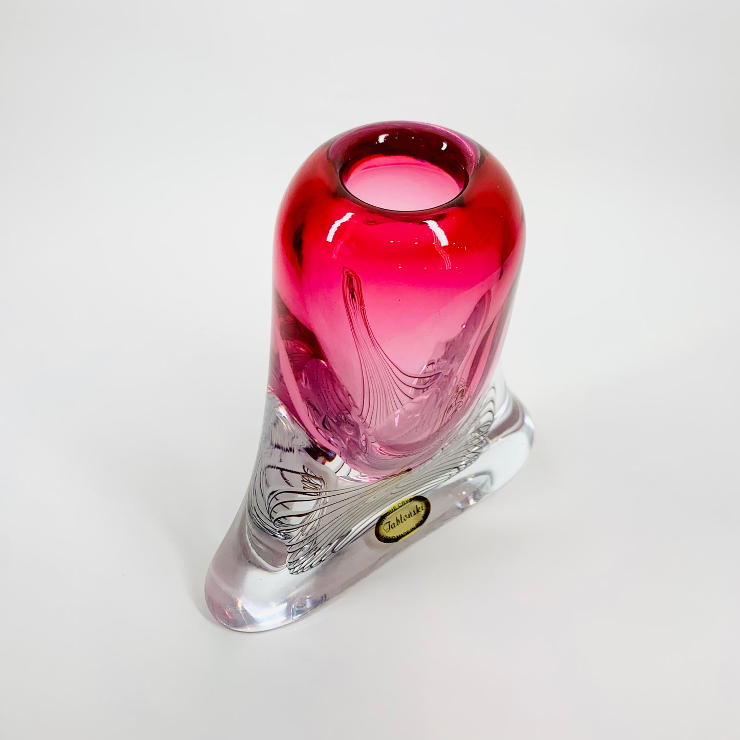 Vintage hand made signed Jablonski sommerso pink art glass vase