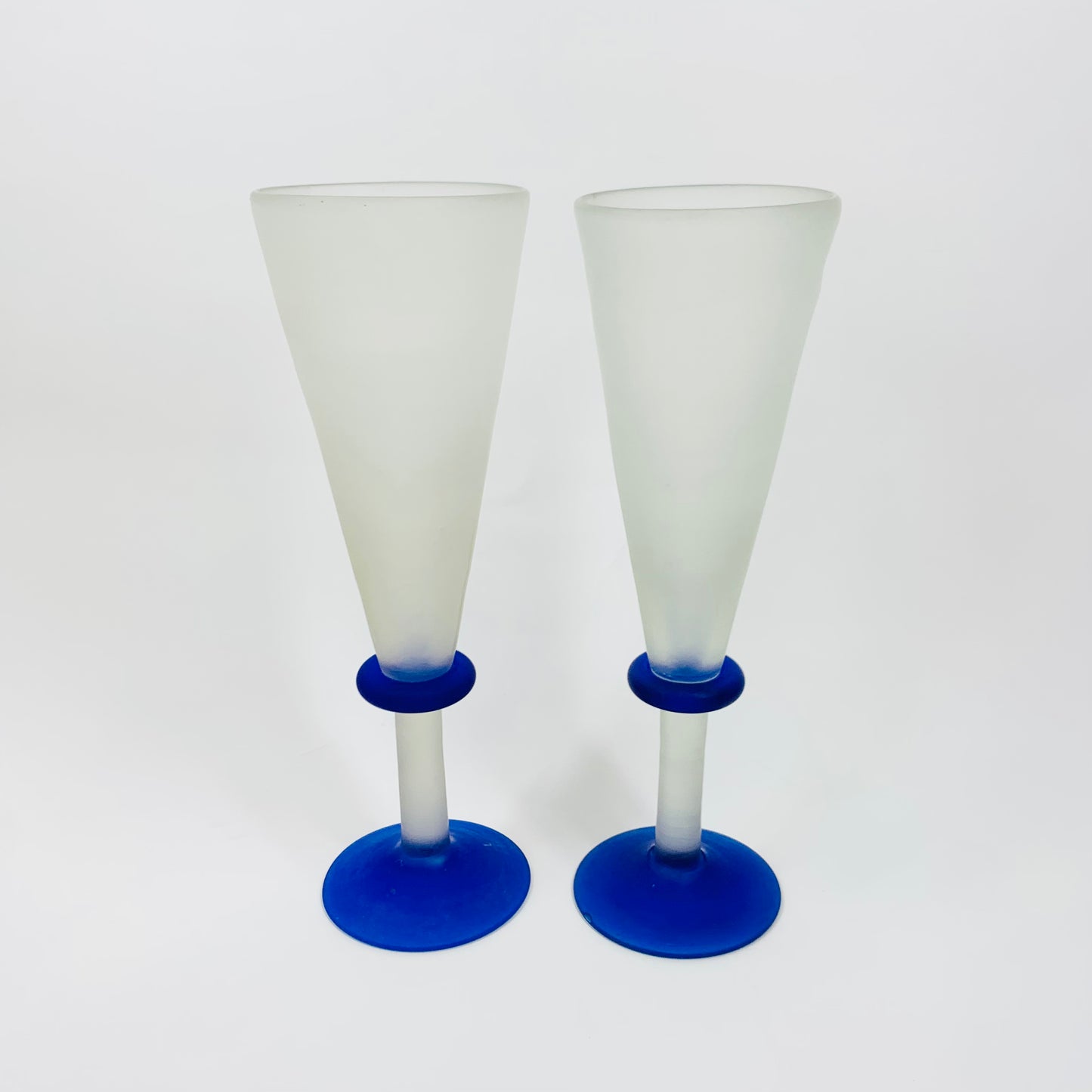 Extremely rare 1980s mouth blown Memphis satin blue glass flutes