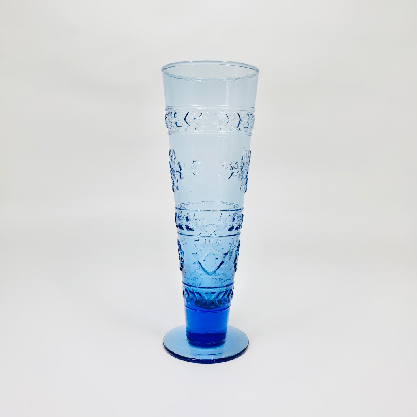 1980s Studio Nova Aztec cobalt blue pressed glass footed tube vase