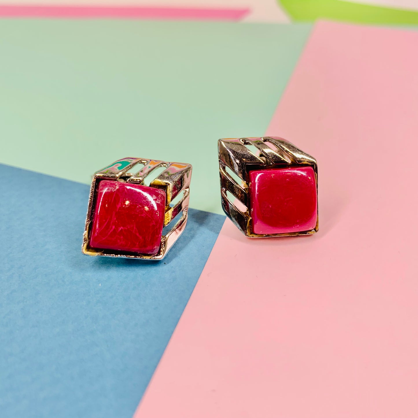 1960s statement costume clip on earrings with hot pink paste