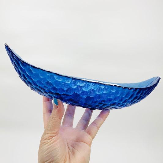 Midcentury fish scales textured cobalt blue boat bowl