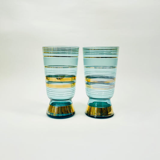 Midcentury tall teal gold gilding highball glasses