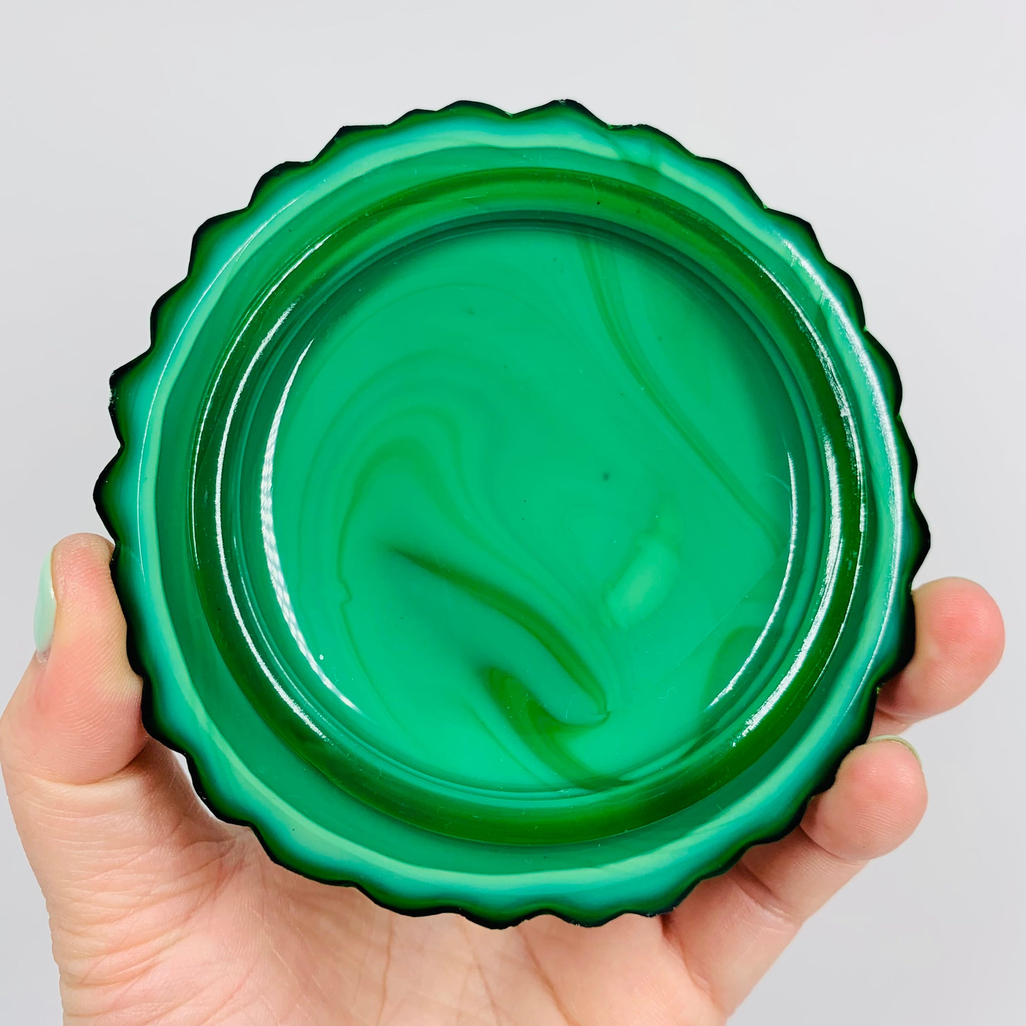 Extremely rare antique Art Deco hand carved Bohemian malachite lidded box in sunflower pattern