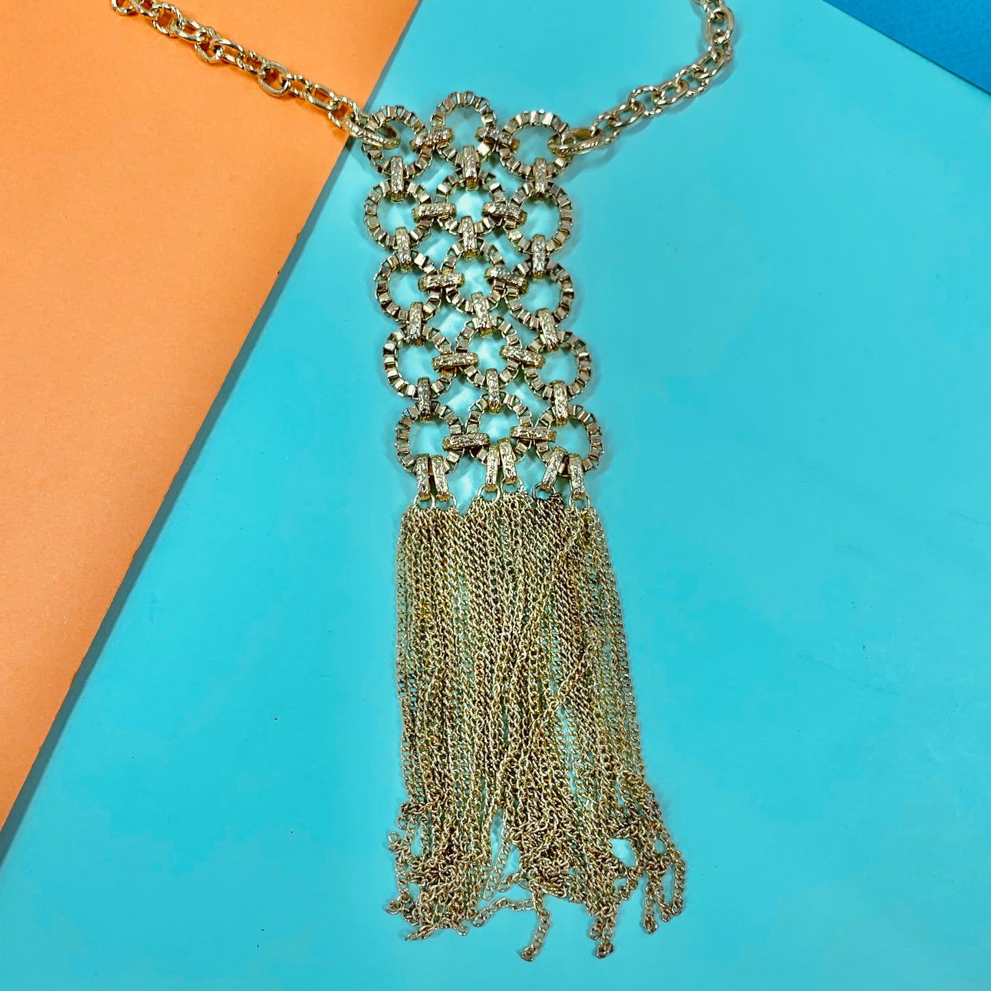 Extremely rare 1970s French triple gold plated tassel pendant necklace