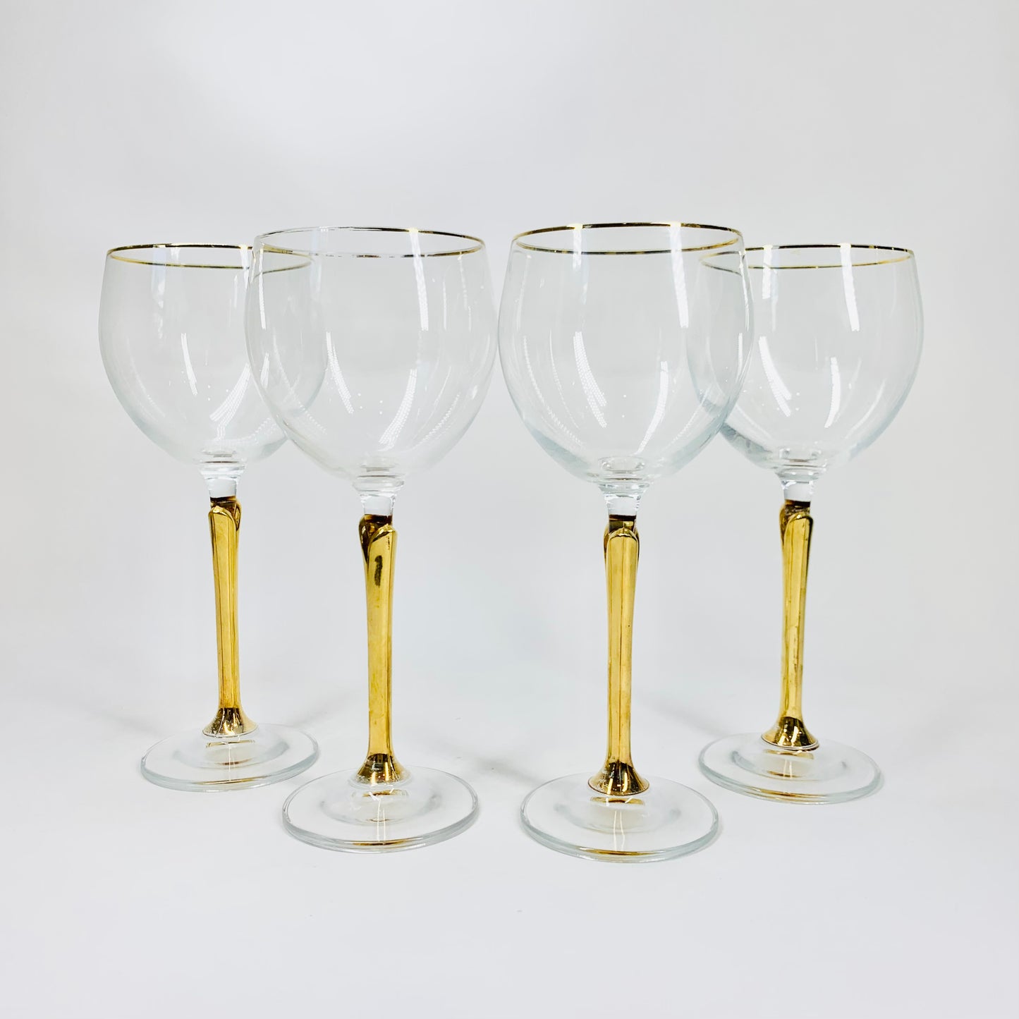 Rare Midcentury Tiffin Franciscan gold rim wine glasses with gold tulip stems