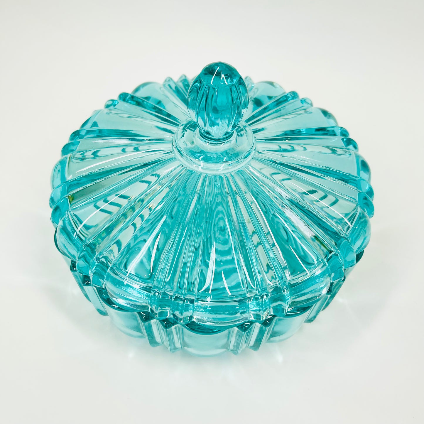 Midcentury pressed turquoise glass lidded box/sugar bowl with cork lid