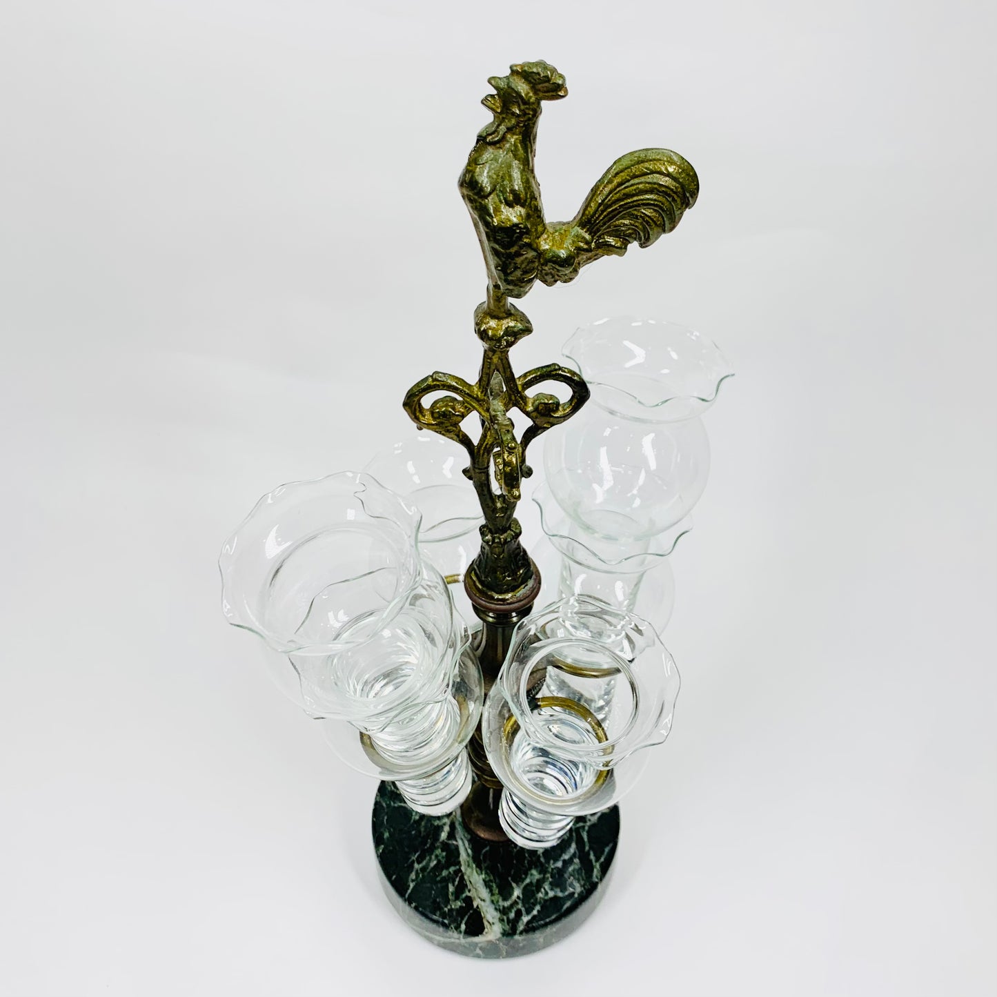 Antique Petite Choses brass epergne with rooster centrepiece and green marble base