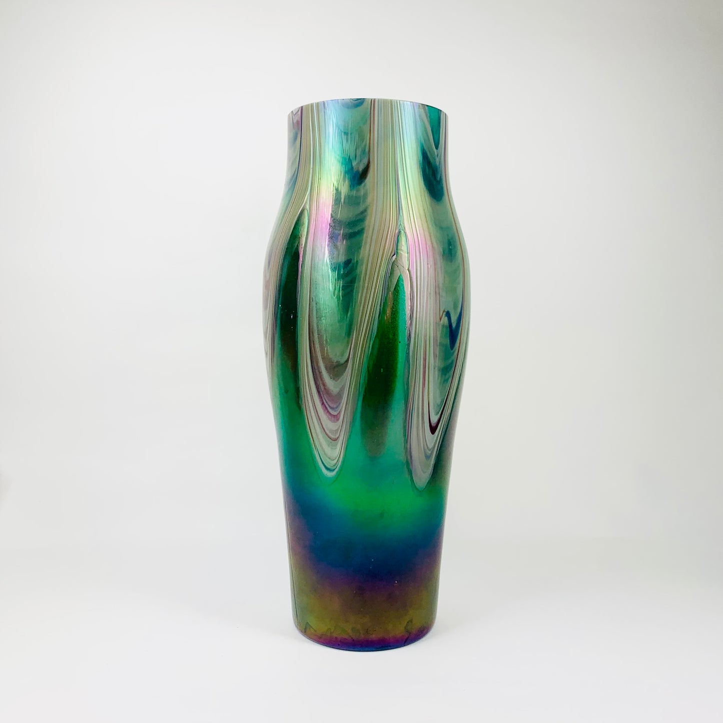 Antique Art Nouveau Kralik hand made peacock iridescent feather glass vase
