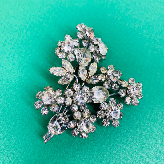 Rare stunning 1940s costume floral brooch with clear rhinestones