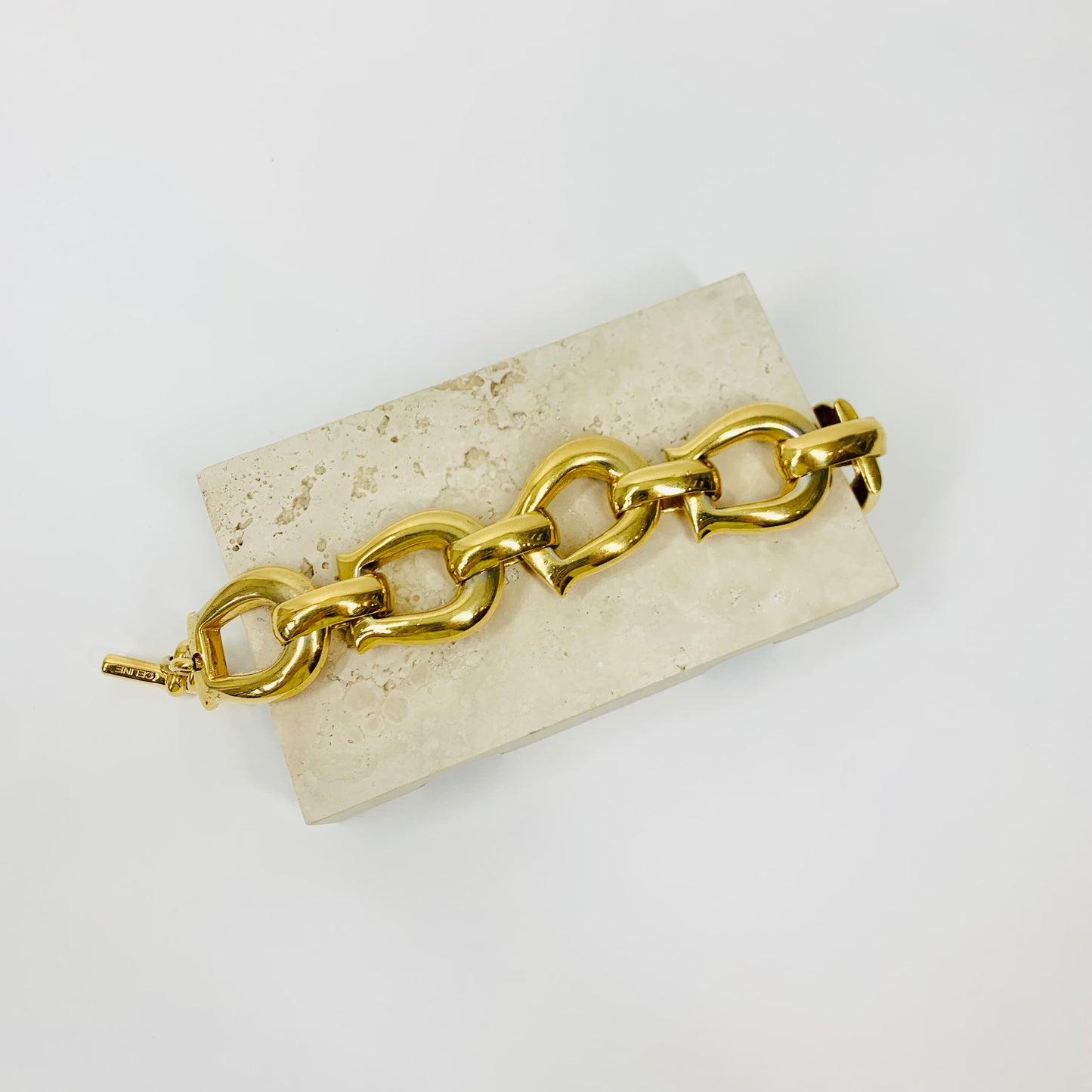 Rare 80s gold plated Celine chunky fancy links with fob clasp bracelet