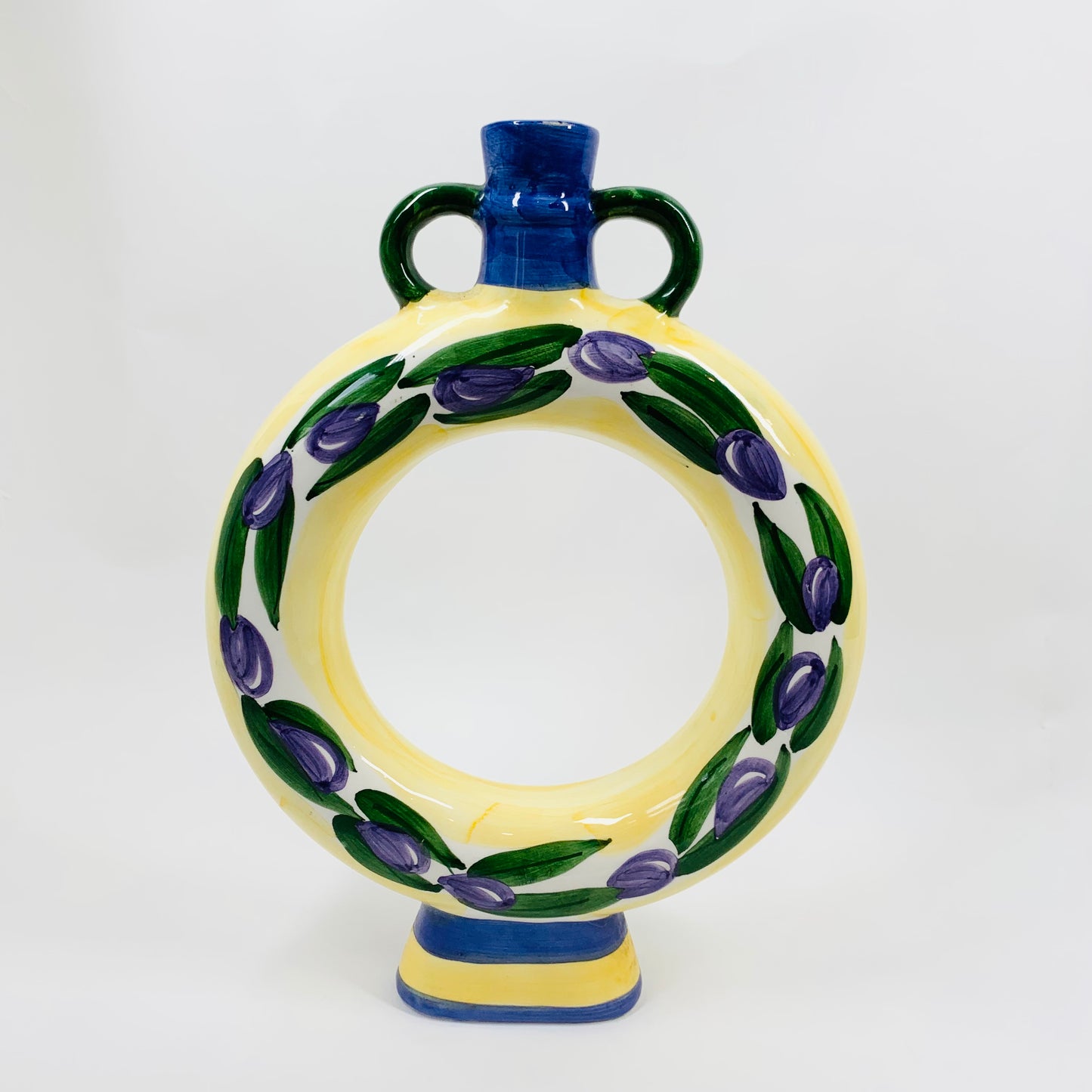 Retro Italian hand painted pottery hollow footed vase