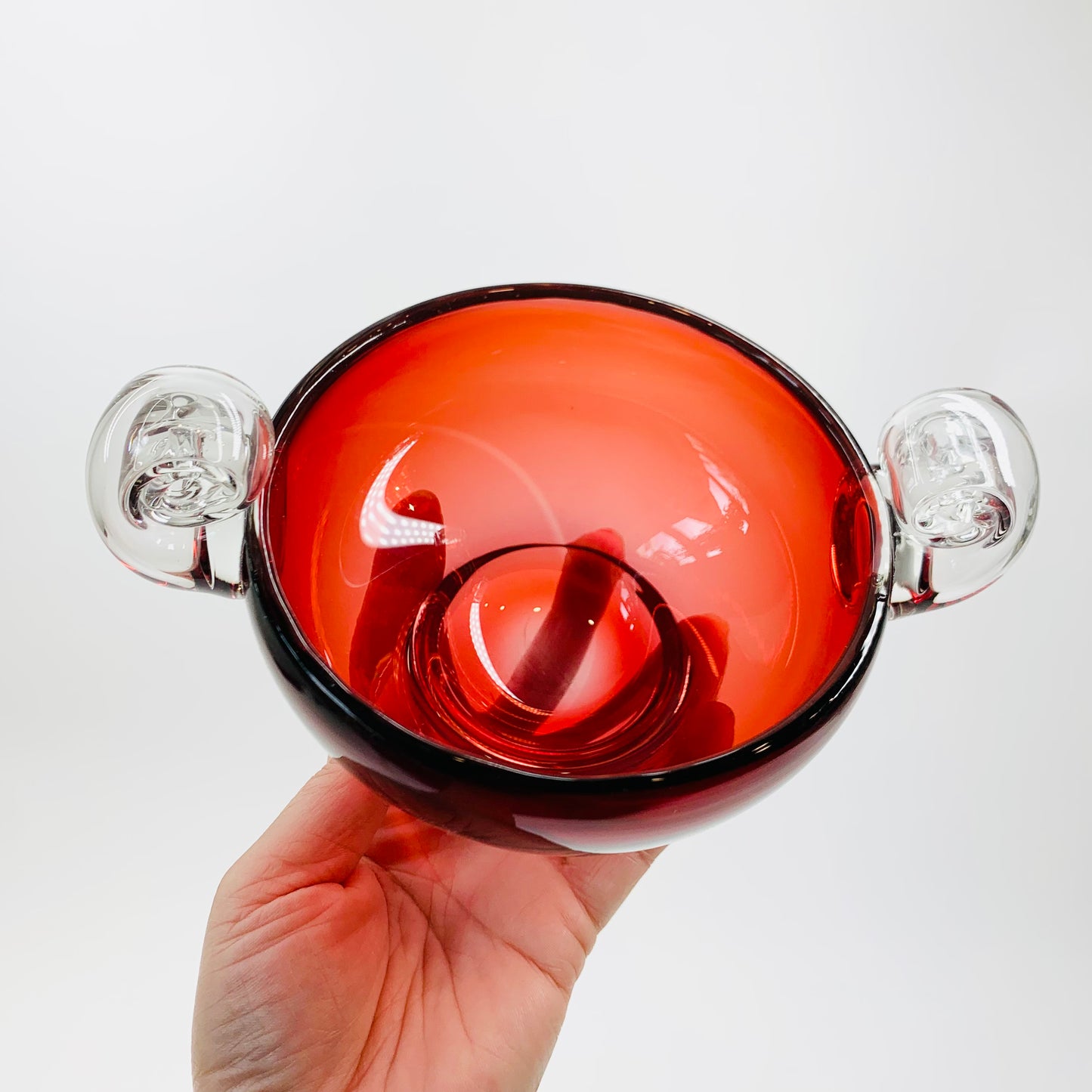 Antique red cranberry Murano glass bowl with clear scroll handles