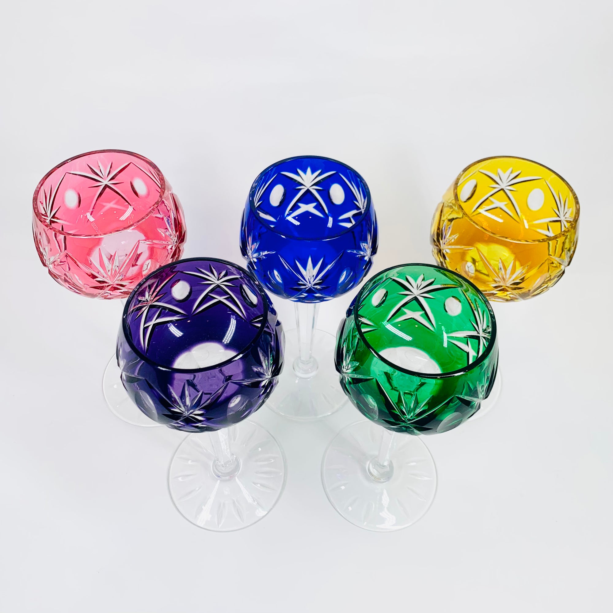 Extremely rare antique cut cameo Hock harlequin crystal wine glasses X-cross pattern