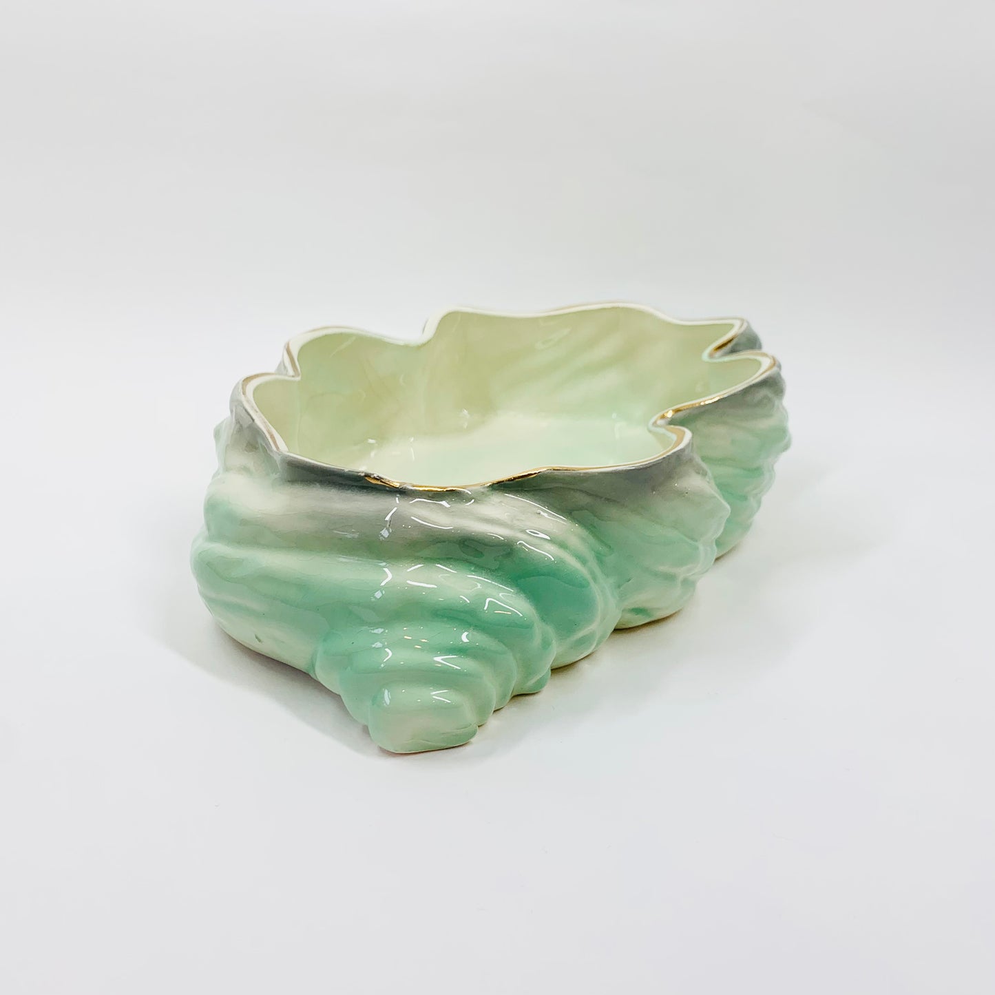 Large Art Deco Pates Australia green lustre pottery trough vase/shell bowl