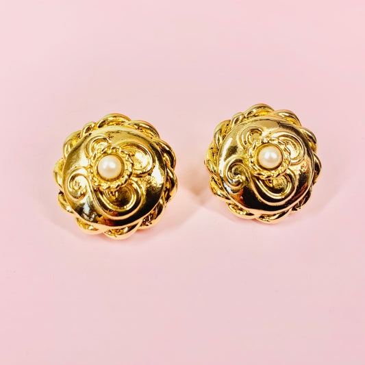 Rare 1980s Italian gold plated pearl button clip on earrings with scroll pattern