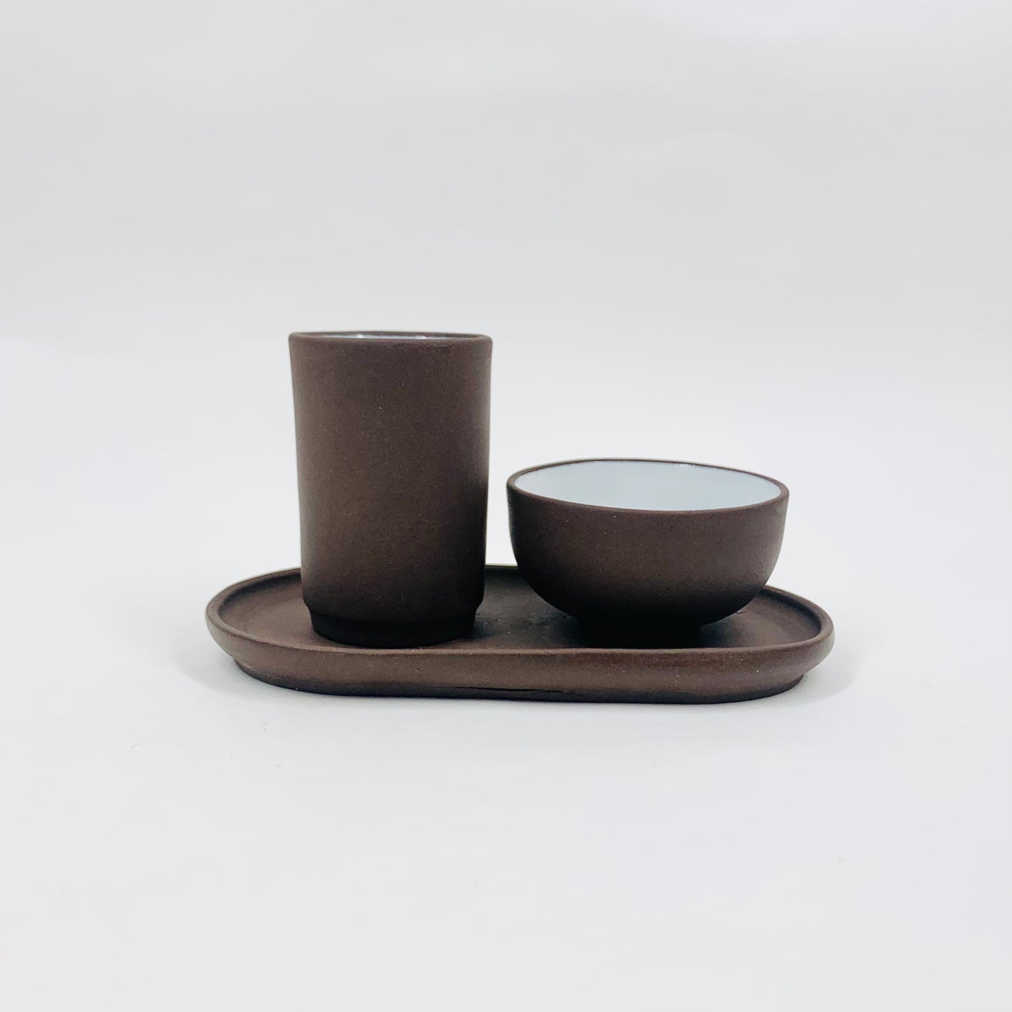 Rare Midcentury Japanese brown pottery condiment set