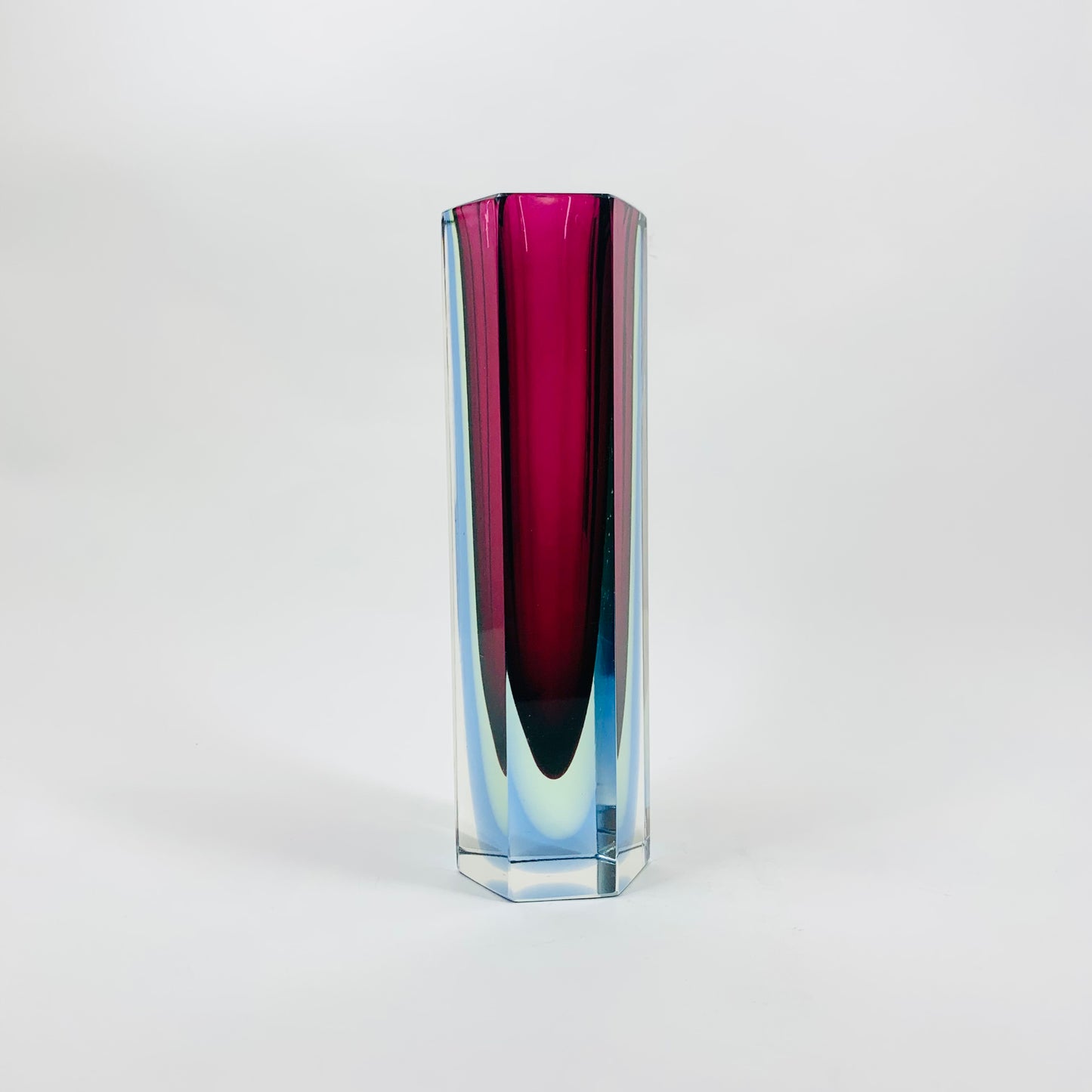 MCM tri-colour cranberry, blue & yellow Murano sommerso hexagon tube glass vase by Mandruzatto