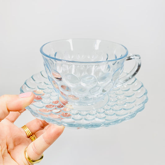 Extremely rare Arcoroc blue dimple glass tea/coffee cup and matching saucer with blue scallop rim