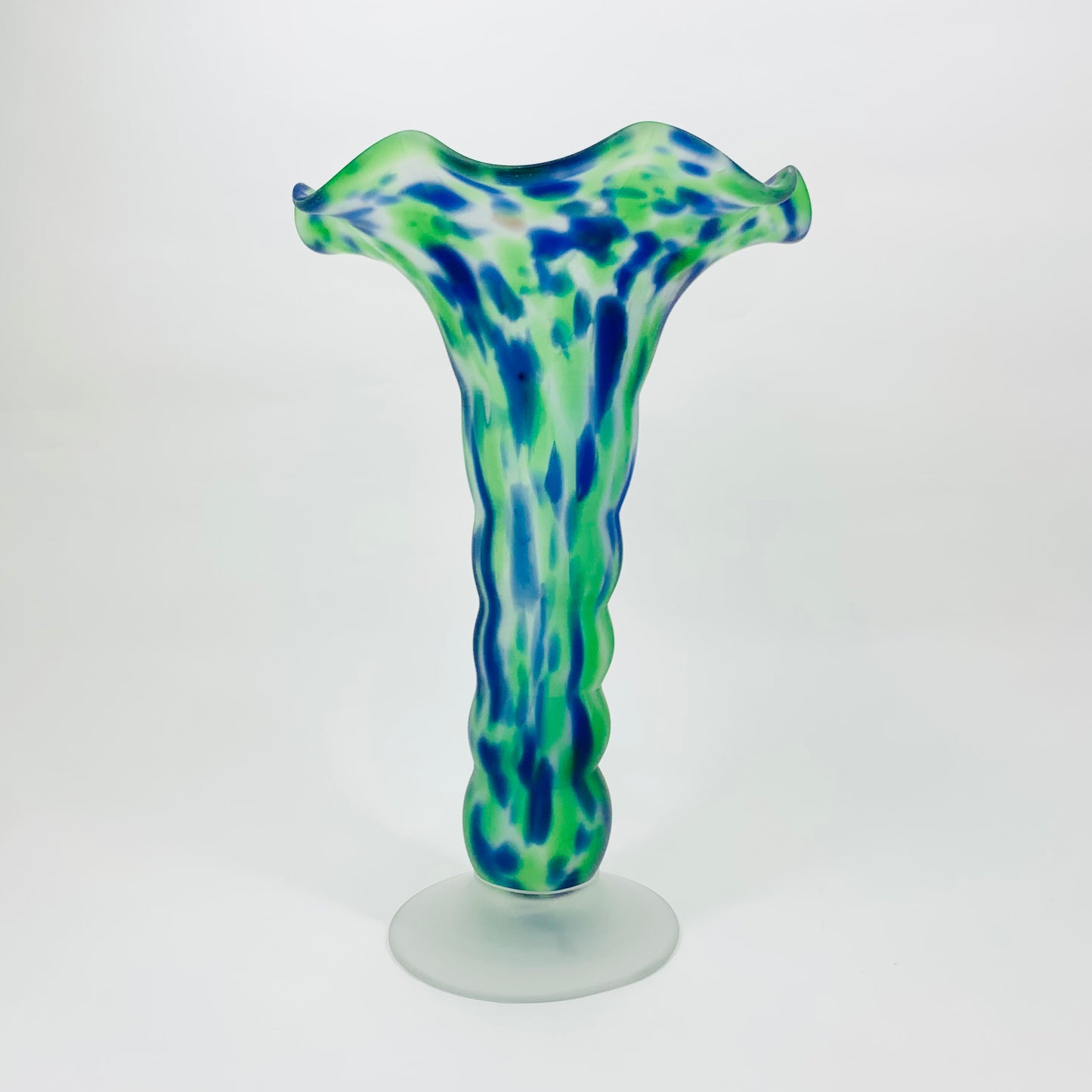Stunning antique Victorian mouth blown blue green speckle satin glass footed vase with ruffle rim