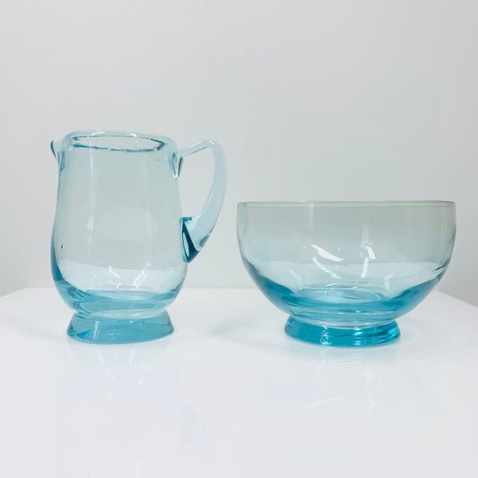 Midcentury turquoise glass creamer and sugar bowl set