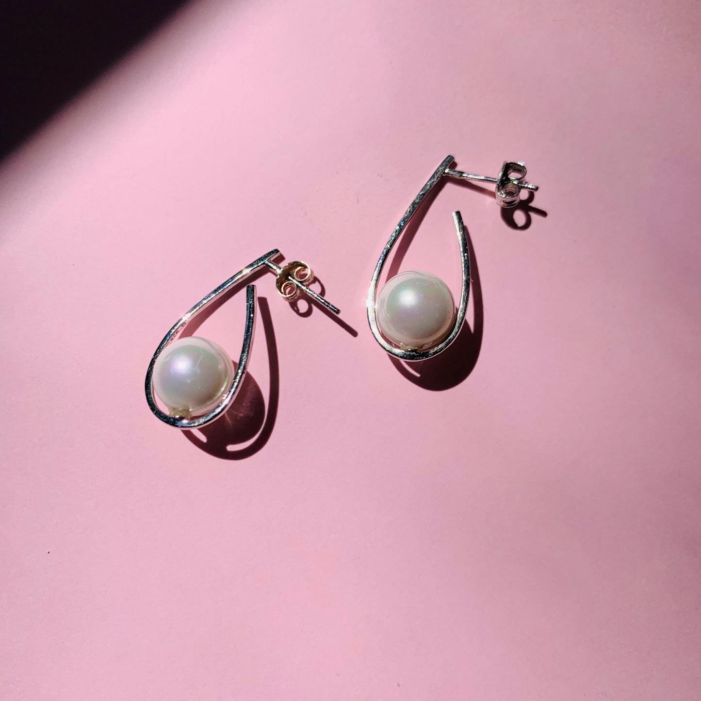 Vintage sterling silver drop stud earrings with sea pearls
