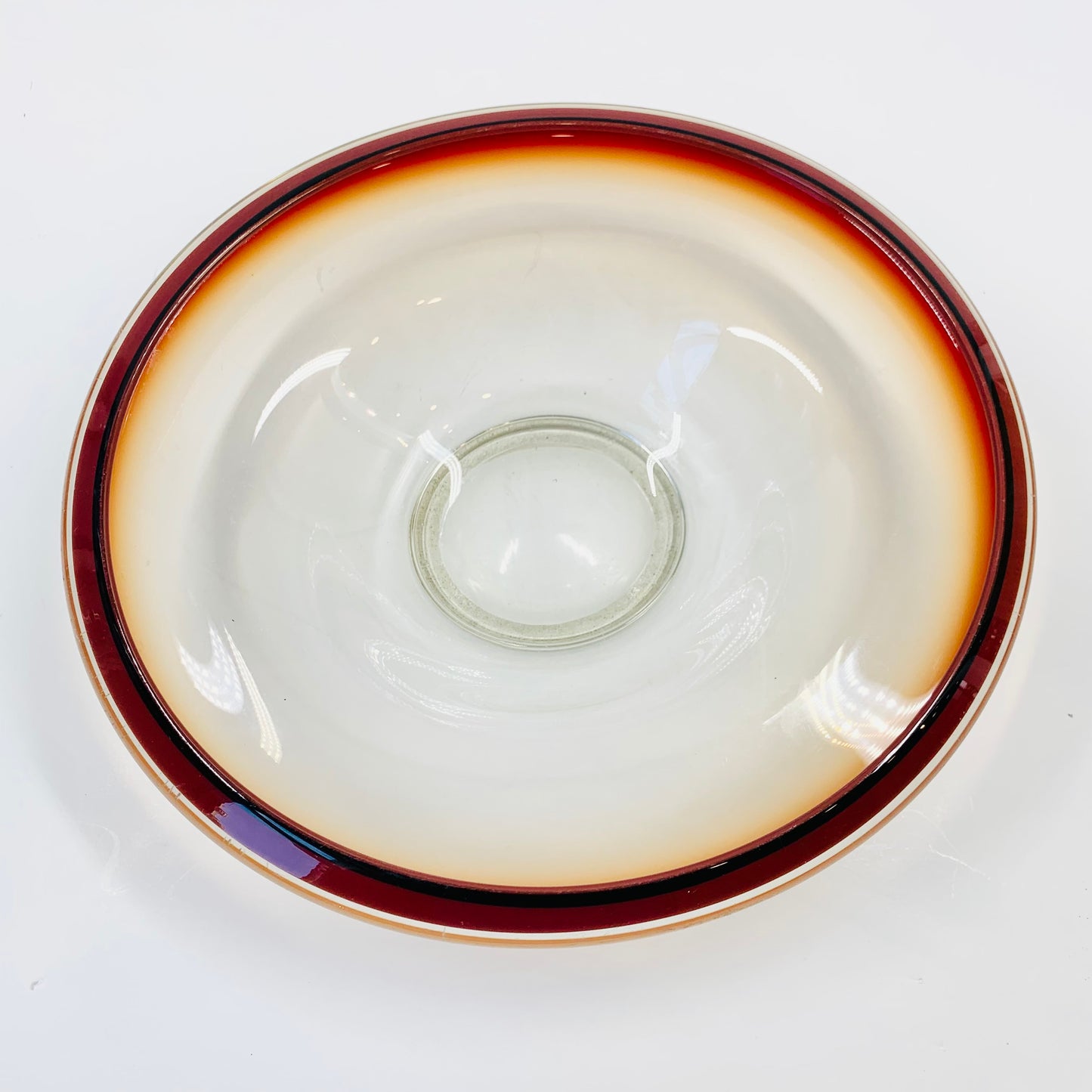 Stunning hand made Midcentury Dutch glass bowl with red ombré rim