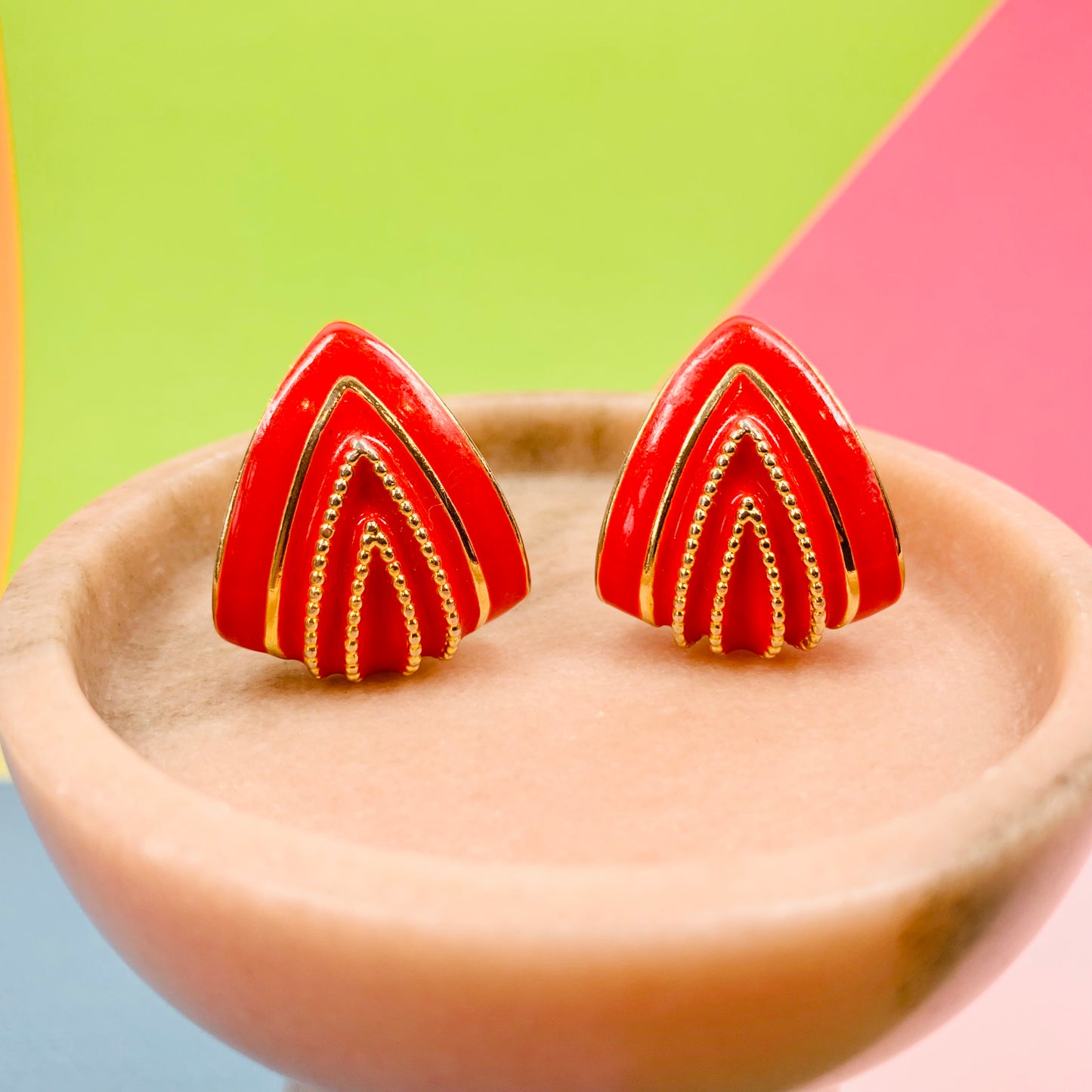 1970s Barcs triple plated gold clip on red enamel earrings
