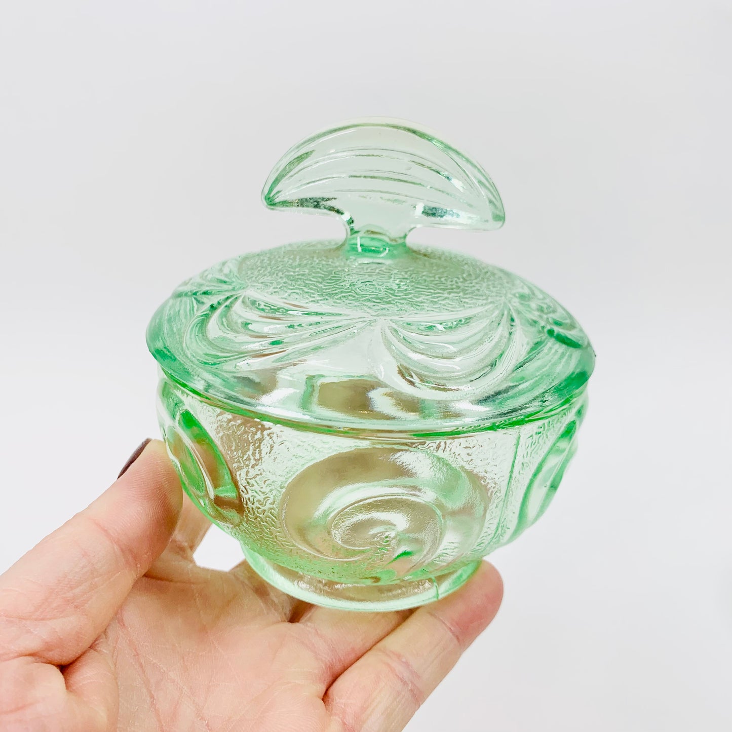 Rare antique Art Deco green Depression pressed glass lidded jar