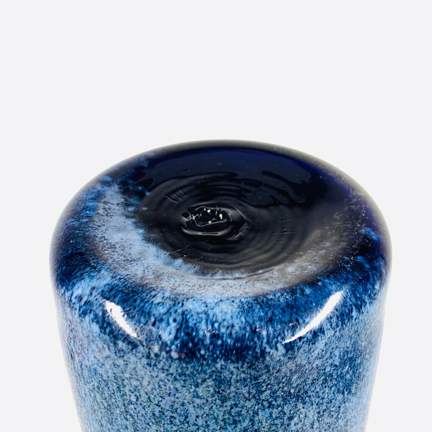 1990s Australian studio mouth-blown blue speckled glass vase by Keith Rowe