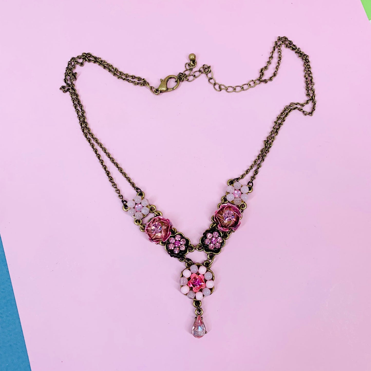 Vintage costume pink pastes and beads drop pendant necklace
