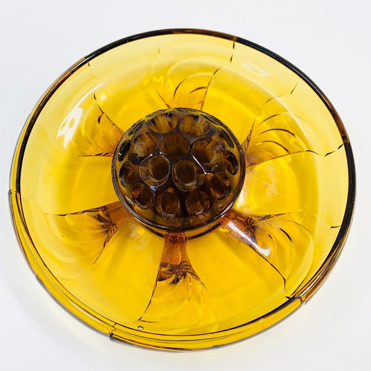 Antique Art Deco amber glass float bowl with matching flower frog