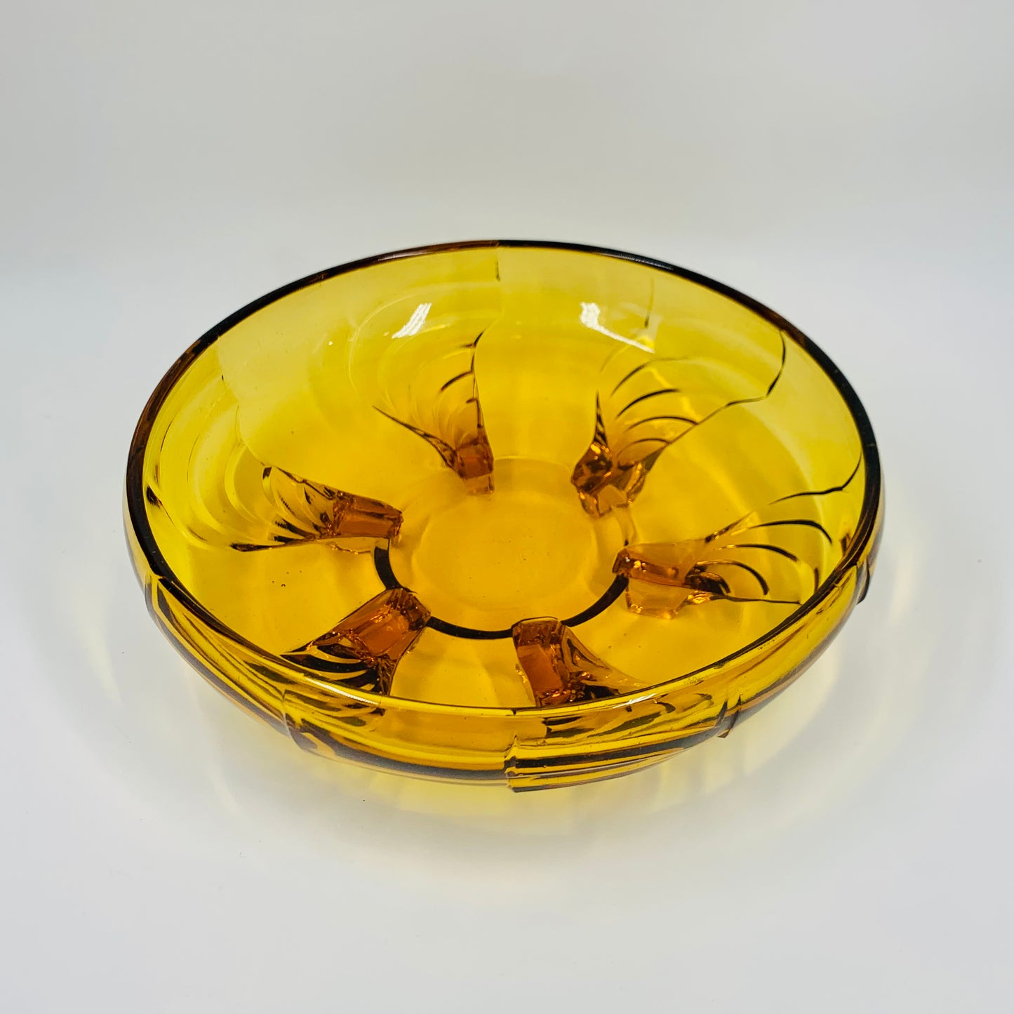 Antique Art Deco amber glass float bowl with matching flower frog