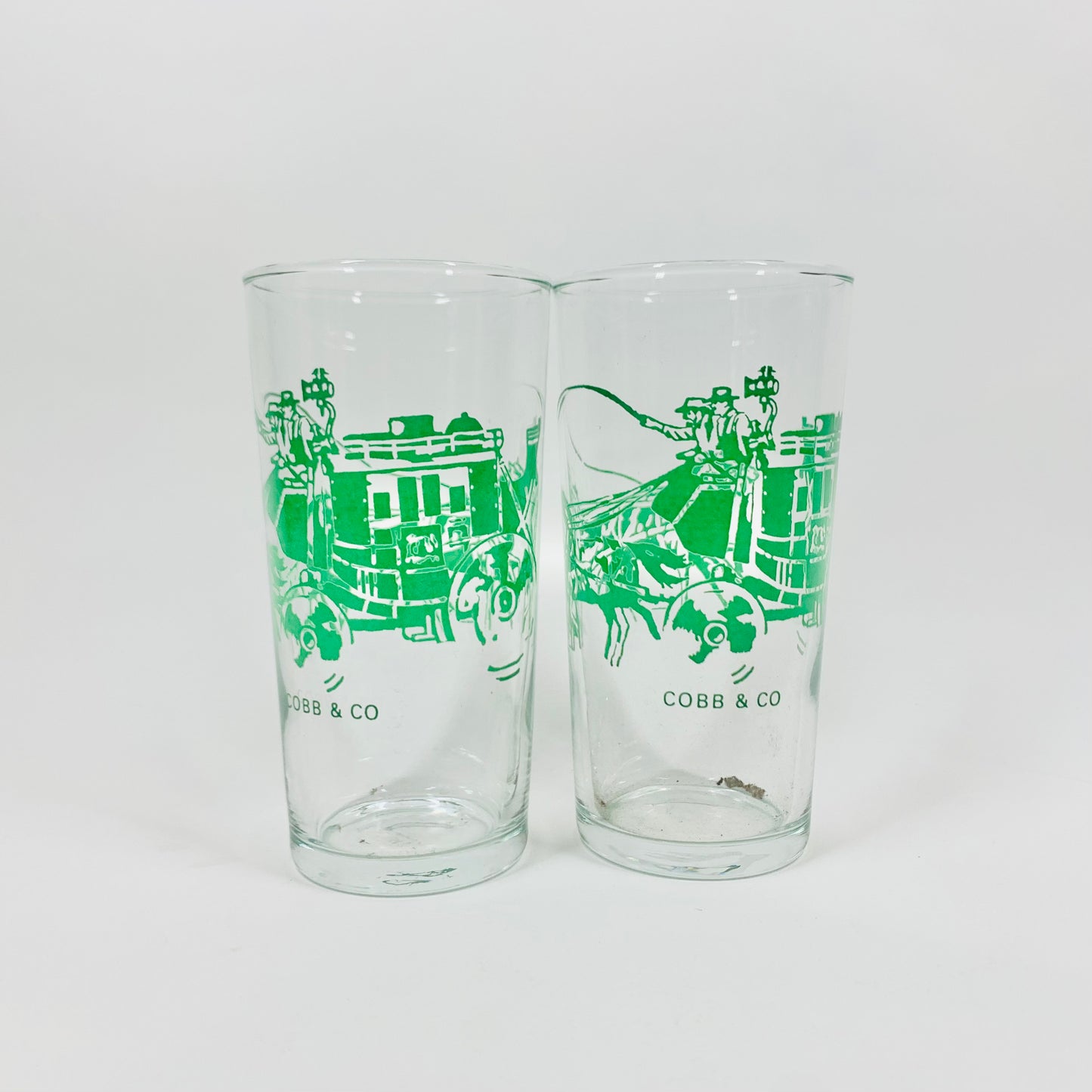 Midcentury Cobb & Co horse & stagecoach green glass tumblers