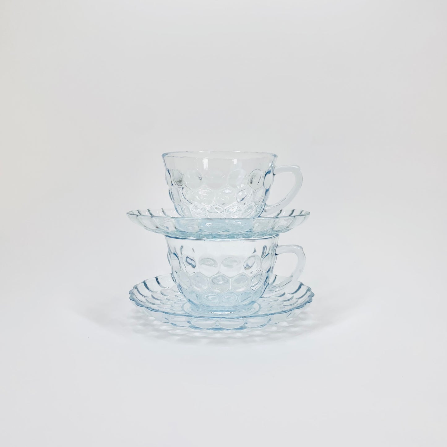 Extremely rare Arcoroc blue dimple glass tea/coffee cup and matching saucer with blue scallop rim