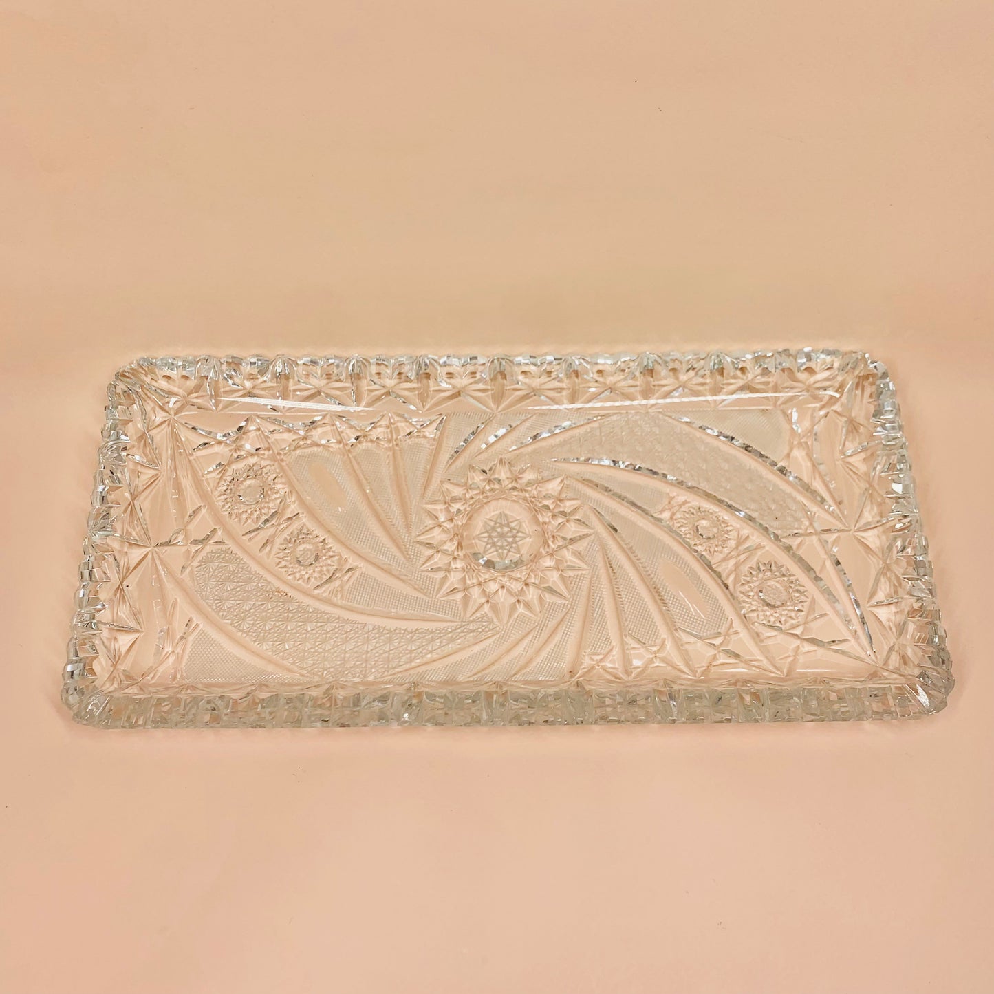 Antique hand cut star pattern rectangular crystal serving tray