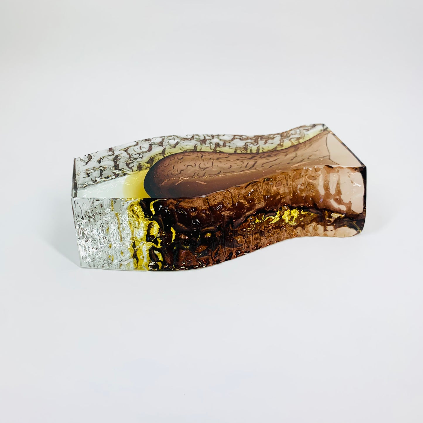 Extremely rare MCM brown & gold textured Murano sommerso trapezoid glass vase by Mandruzzato