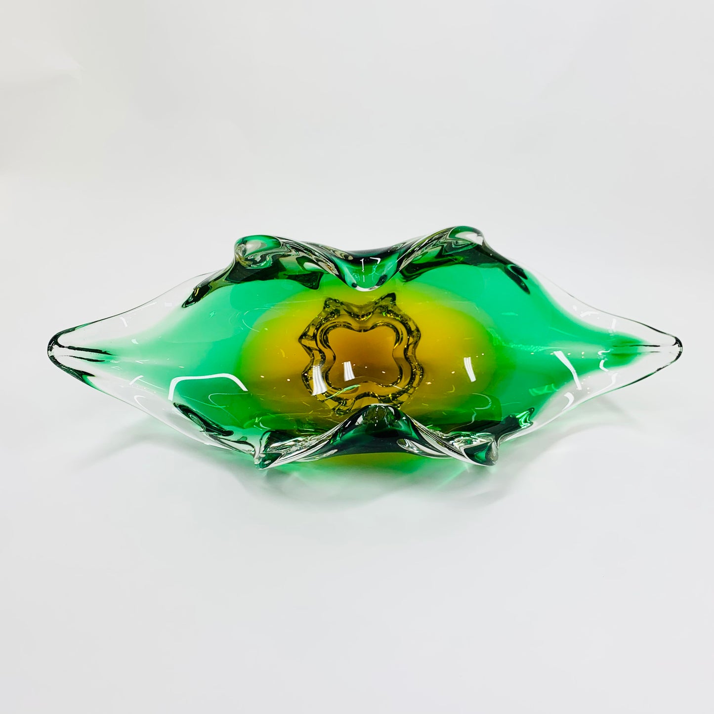 Extremely rare Midcentury Czech Chribska Glassworks green & gold sommerso glass Whiskers bowl by Josef Hospodka