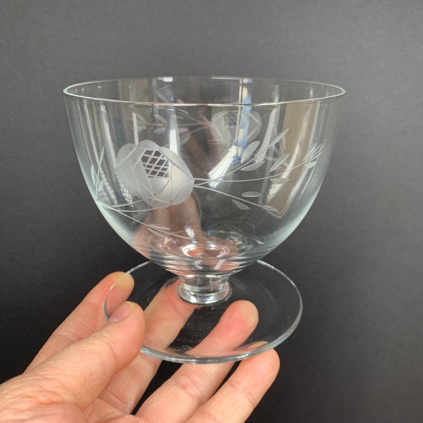 Rare 1940s hand etched rose pattern glass dessert coupe