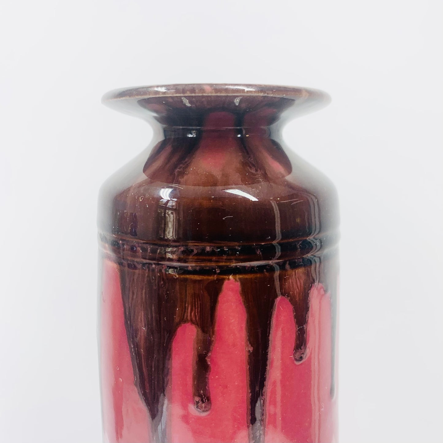 Midcentury pink and brown bleeding glazed pottery vase 