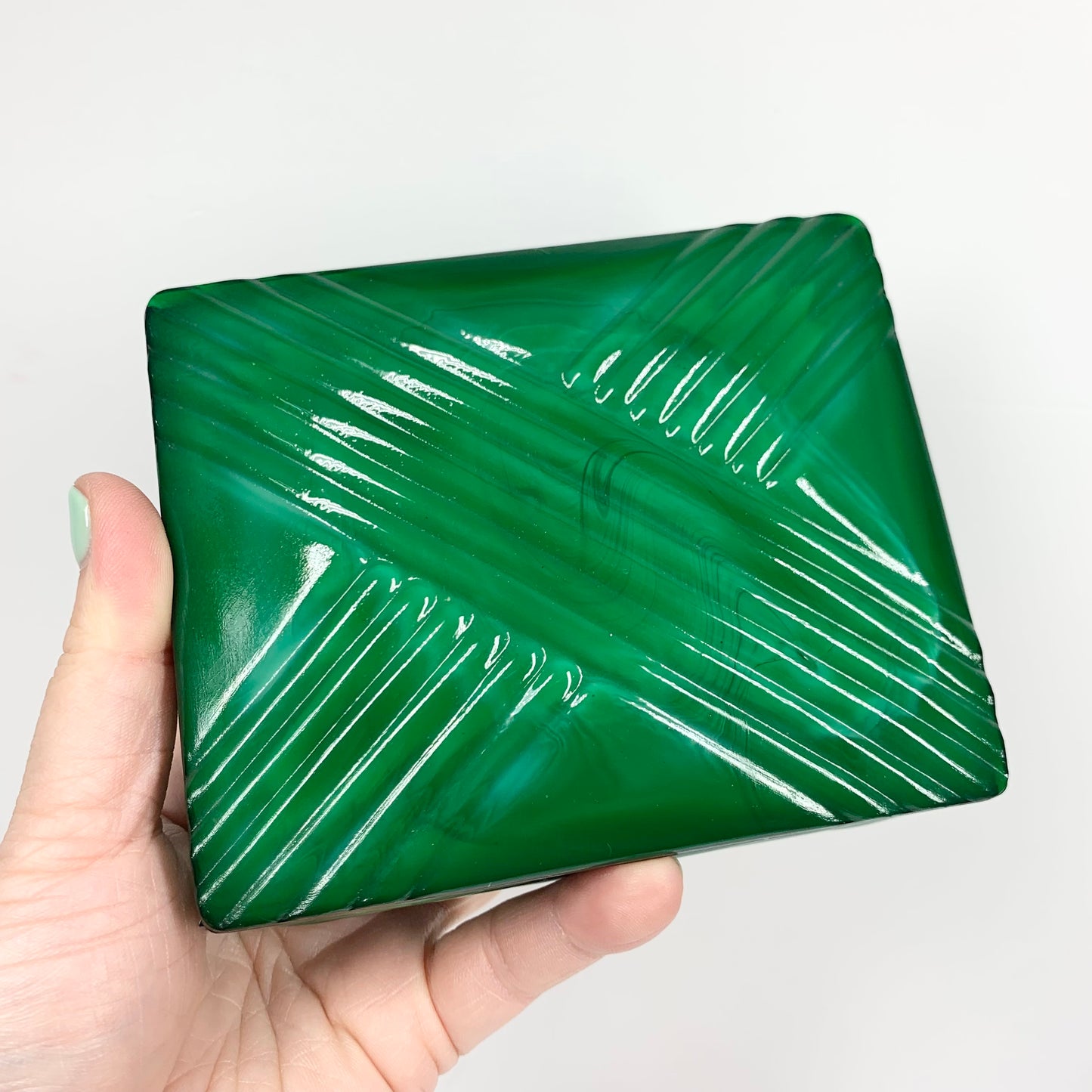 Extremely rare antique Art Deco hand carved Bohemian malachite lidded box in geometrical pattern