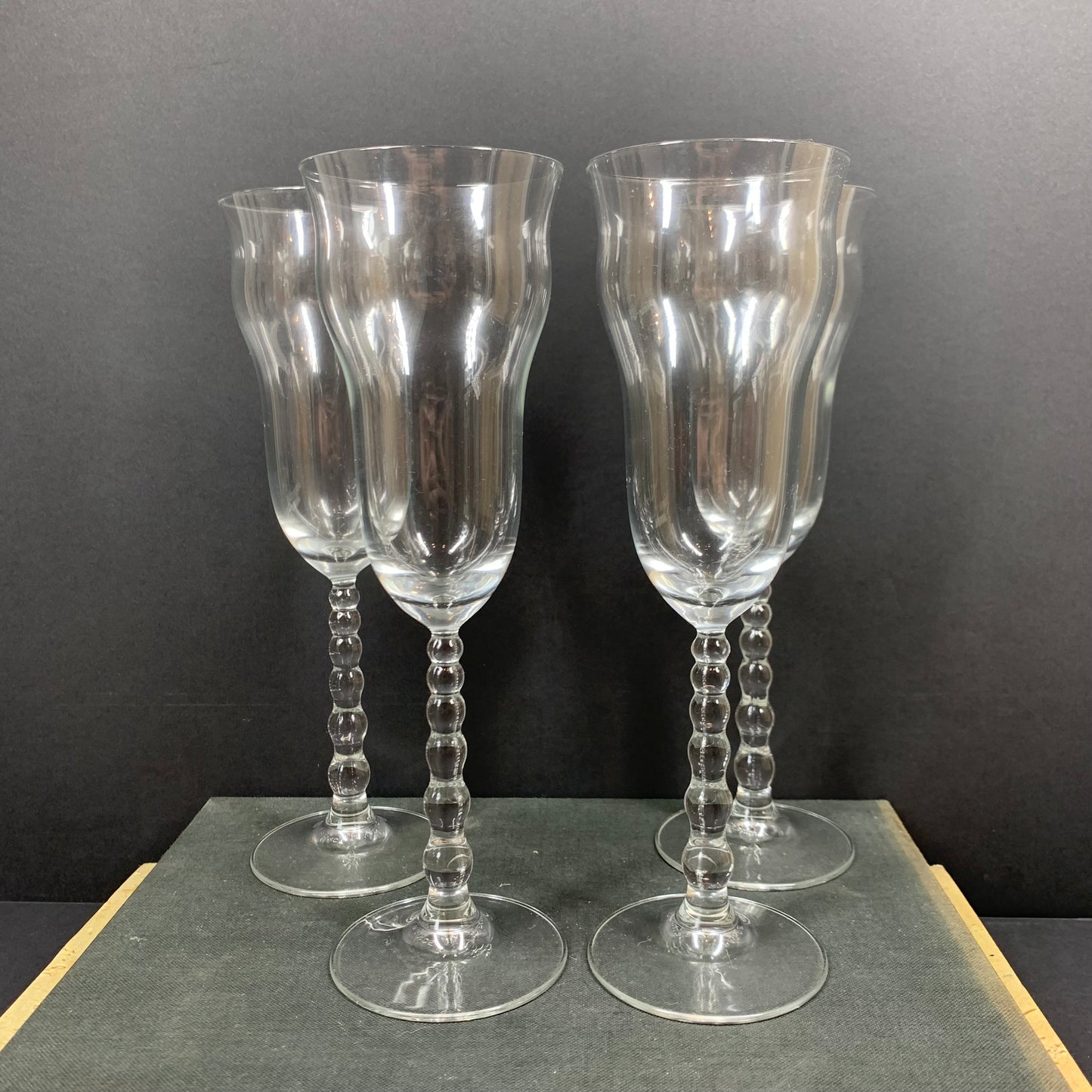 1980s Luminarc glass champagne flutes with droplet stem