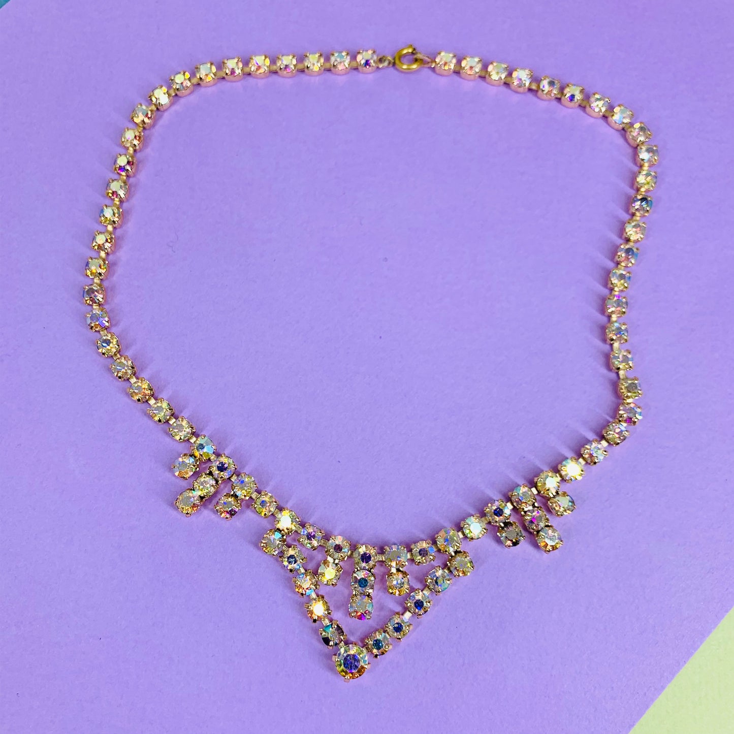 Stunning 1960s costume iridescent crystals chevron pendant necklace
