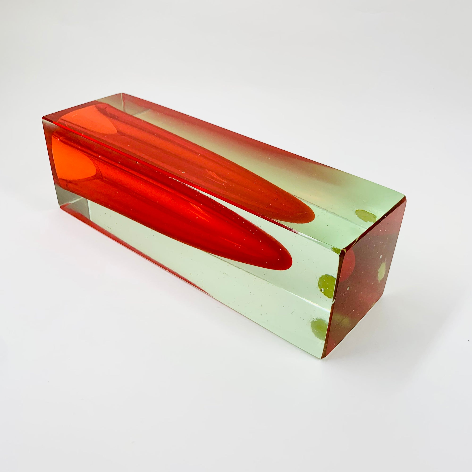 Large MCM red cased green Murano sommerso glass block vase by Mandruzatto